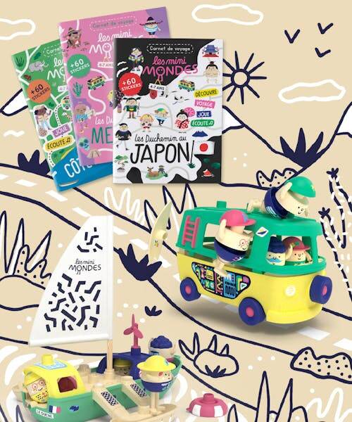 Des jouets figurines et des carnets de vacances fabriqués en France.