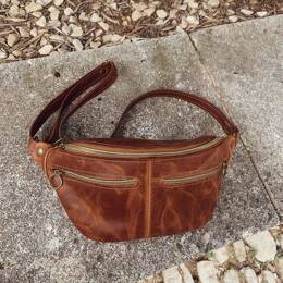 Sac Banane Cuir Marron Vintage Double Poches