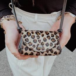 Porte-Monnaie Bandoulière Cuir Noir Grainé Léopard - Mathilde