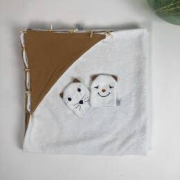 Coffret cape de bain bébé + 2 gants d'apprentissage animaux - Camel