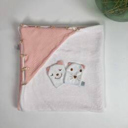 Coffret cape de bain bébé + 2 gants d'apprentissage animaux - Blush
