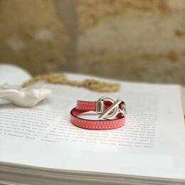 Bracelet En Cuir Corail et Fermoir en T Argenté