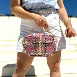 Sac à bandoulière tweed rose à chaîne dorée Constance