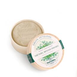 Savon dans un Boite en Bois Thé vert & Menthe Poivrée avec exfoliant dans boite en bois 100g
