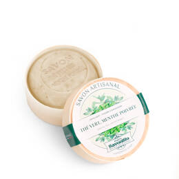 Savon dans un Boite en Bois Thé vert & Menthe Poivrée avec exfoliant dans boite en bois 100g