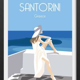 Affiche voyage le bleu de Santorin avec cadre noir 40x60  cm