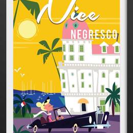 Affiche vacances à Nice avec cadre noir 30x45 cm