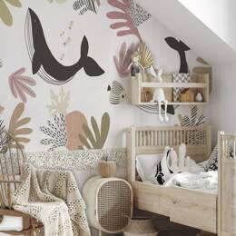 Papier peint panoramique enfant Baleines, Beige 300 x 250cm