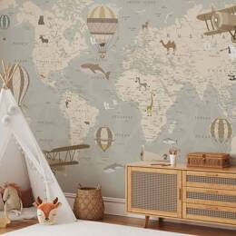 Papier peint enfant carte du monde et montgolfieres 364x270 cm
