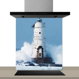 Fond de hotte décorative, phare blanc bleu,blanc 60x70  cm