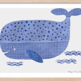 Affiche enfant baleine bleue  avec cadre bois 60x40 cm