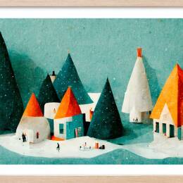 Affiche enfant petit village de neige  avec cadre bois 60x40 cm