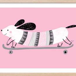 Affiche enfant chien rose  avec cadre bois 60x40 cm