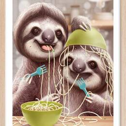 Affiche enfant jeune paresseux et spaghetti  avec cadre bois 40x60 cm