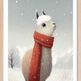 Affiche enfant lama et son écharpe  avec cadre bois 40x60 cm
