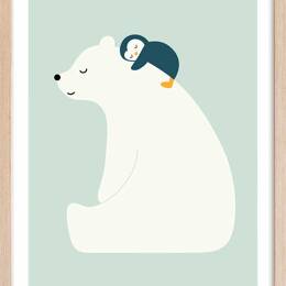 Affiche enfant calin polaire  avec cadre bois 40x60 cm