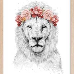 Affiche enfant lion et couronne de fleurs  avec cadre bois 40x60 cm
