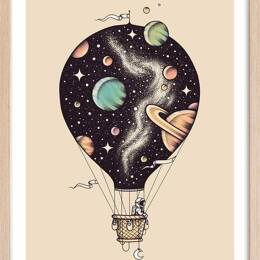 Affiche enfant montgolfiere en cosmos  avec cadre bois 40x60 cm