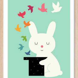 Affiche enfant lapin magicien  avec cadre bois 40x60 cm