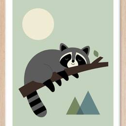 Affiche enfant raton sur sa branche  avec cadre bois 40x60 cm