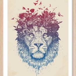 Affiche enfant lion aux fleurs  avec cadre bois 40x60 cm