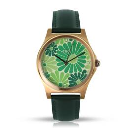 Cadran floral vert, cuir vert foncé, boîtier doré, upcyclée en France