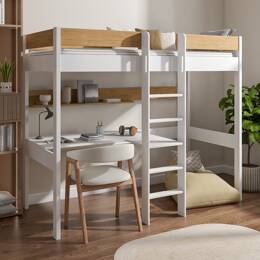 Lit mezzanine 90x200 avec bureau EDGAR - Blanc/Chêne