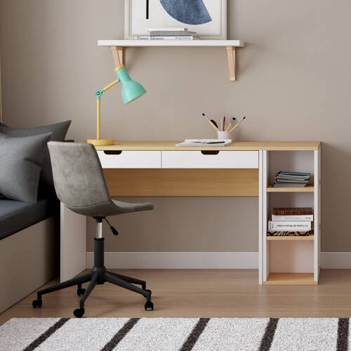 Bureau 2 tiroirs avec rangement ALBI - Blanc/Chêne