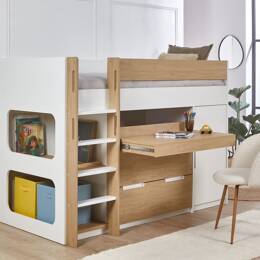 Lit mi-hauteur avec bureau et rangement 90x190 ARLO - Blanc/Chêne