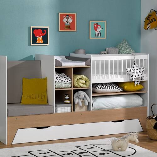 Lit bébé évolutif 3 en 1 PALME - Blanc/Chêne