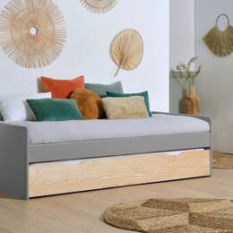 Lit gigogne banquette 90x190 en pin massif HOYA - Gris/Pin