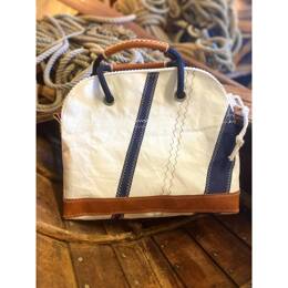 Sac à main Jimmy voile blanche, cuir et bandes bleu marine