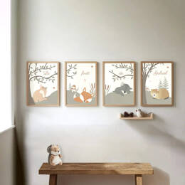 Lot de 4 affiches bébé avec des animaux de la forêt