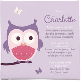 Toile personnalisée autour du prénom et sa chouette mauve