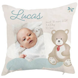 Coussin photo naissance personnalisé avec ourson – Fabrication française