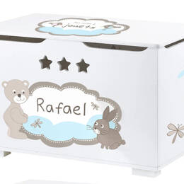 Habillage coffre à jouets personnalisé – Ourson, lapin et nuage