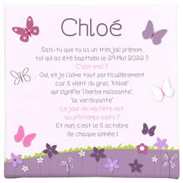 Toile autour du prénom et jolis papillons rose et mauve