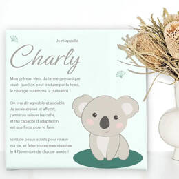 Toile origine et caractère prénom sur le thème du koala
