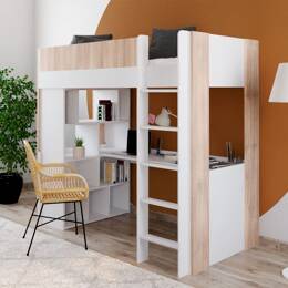 Lit mezzanine avec bureau Blanc et bois DUNE