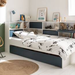 Lit gigogne avec rangements 90x190 Blanc & Bleu Nuit Opus + 2 Matelas