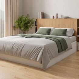 Lit coffre + tête de lit 160x200 Temma Blanc & Chêne