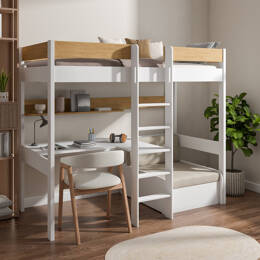 Lit mezzanine avec bureau et fauteuil 90x200 Blanc & Chêne Solane