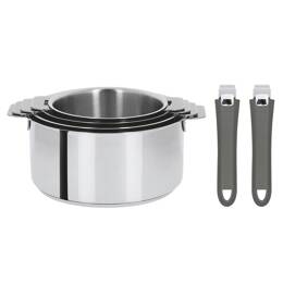 Set de 4 casseroles inox Mutine + 2 poignées amovibles colorées
