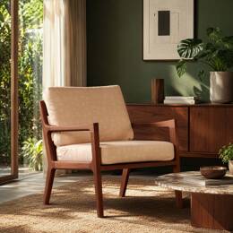 Fauteuil Mid-Century beige chêne massif