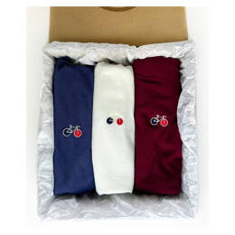 Coffret 3 Tee-shirts Barthélémien brodés vélo écru & indigo et bordeaux en coton bio