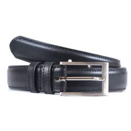 Ceinture cuir noir, boucle rectangle argent satiné 6056