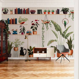 Papier peint panoramique floral, tropical – Plantes, pots et animaux