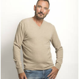 Pull Col V Homme Beige Mérinos-cachemire- César
