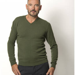 Pull Col V Homme Kaki Mérinos-cachemire- César