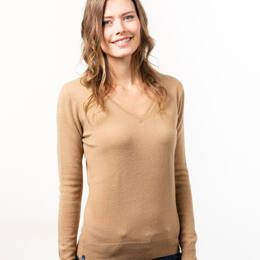 Pull Col V Femme Camel Merinos-Cachemire - Fanny